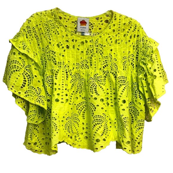 Farm Rio Lime Green Richilier Blouse Womens Size M Palm Tree Eyelet Ruffle $185 - Picture 1 of 11